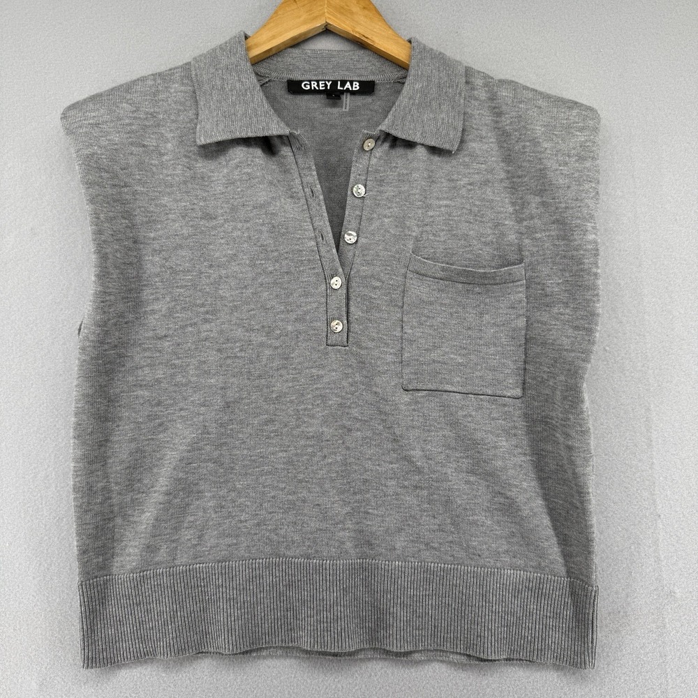 Grey Lab Polo Shirt Womens L Sleeveless  Gray Knit Collar Preppy Casual